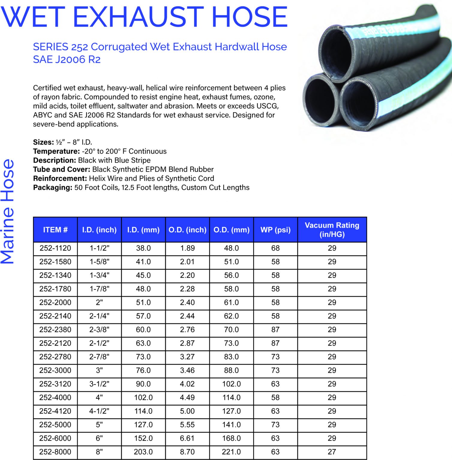 4" inch ID inner diameter 252 Series Certified Marine Wet Exhaust Hose